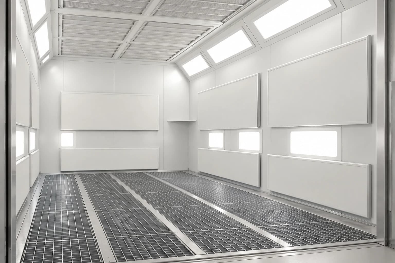 Rendu de l’intérieur d’une cabine de peinture avec panneaux endothermiques muraux et éclairage LED.